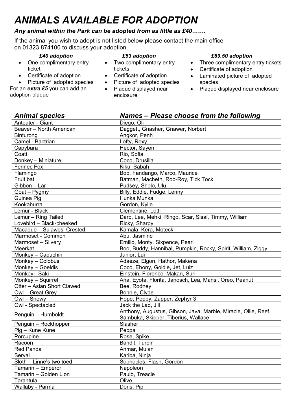 Animal Adoption List