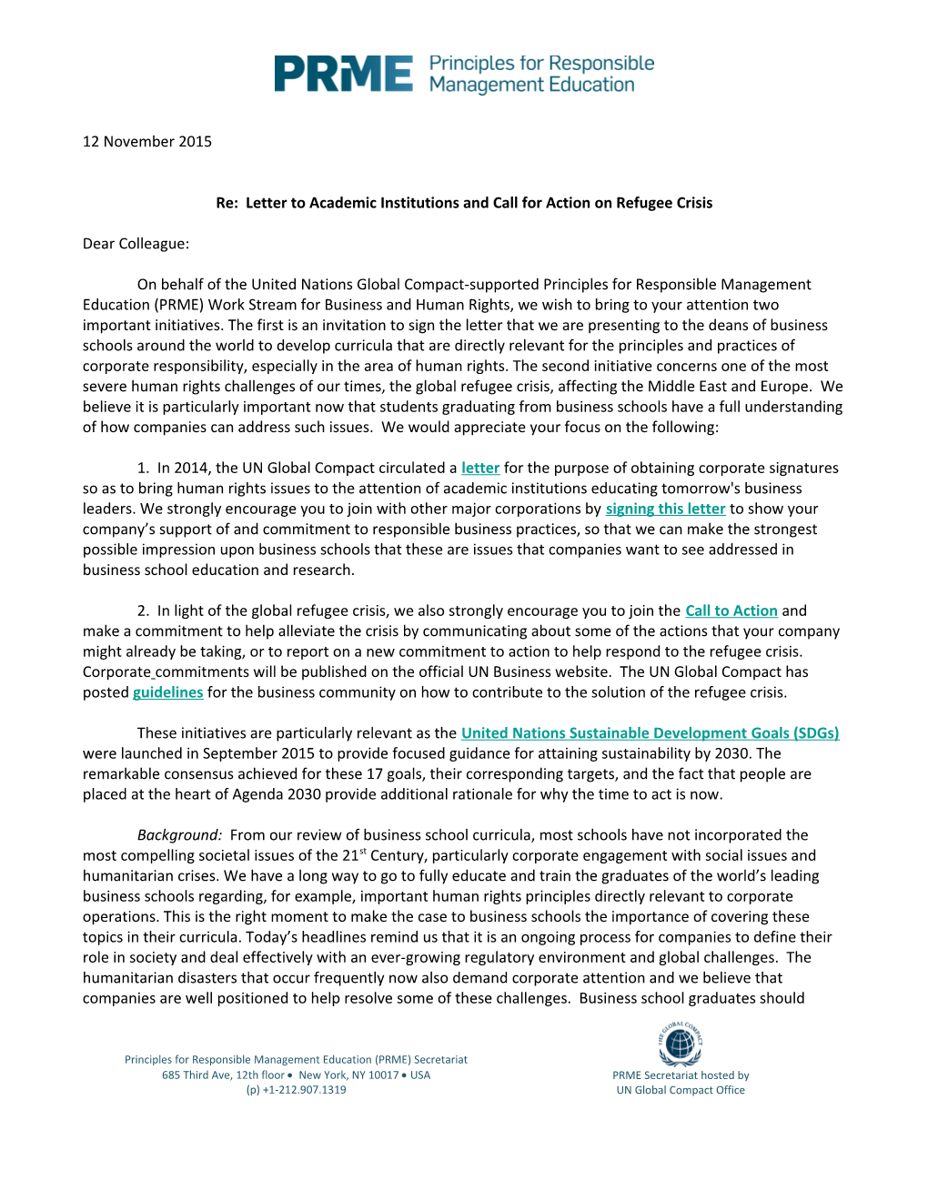 Re: Letter to Academic Institutions and Call for Action on Refugee Crisis