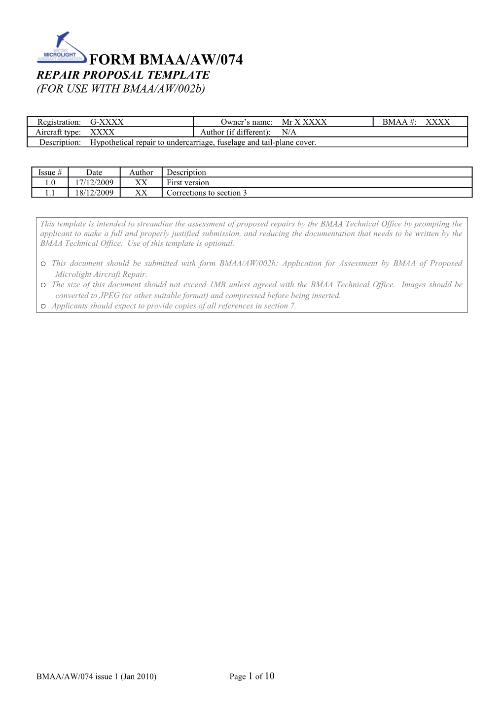 This Template Is Intended to Streamline the Assessment of Proposed Repairs by the BMAA