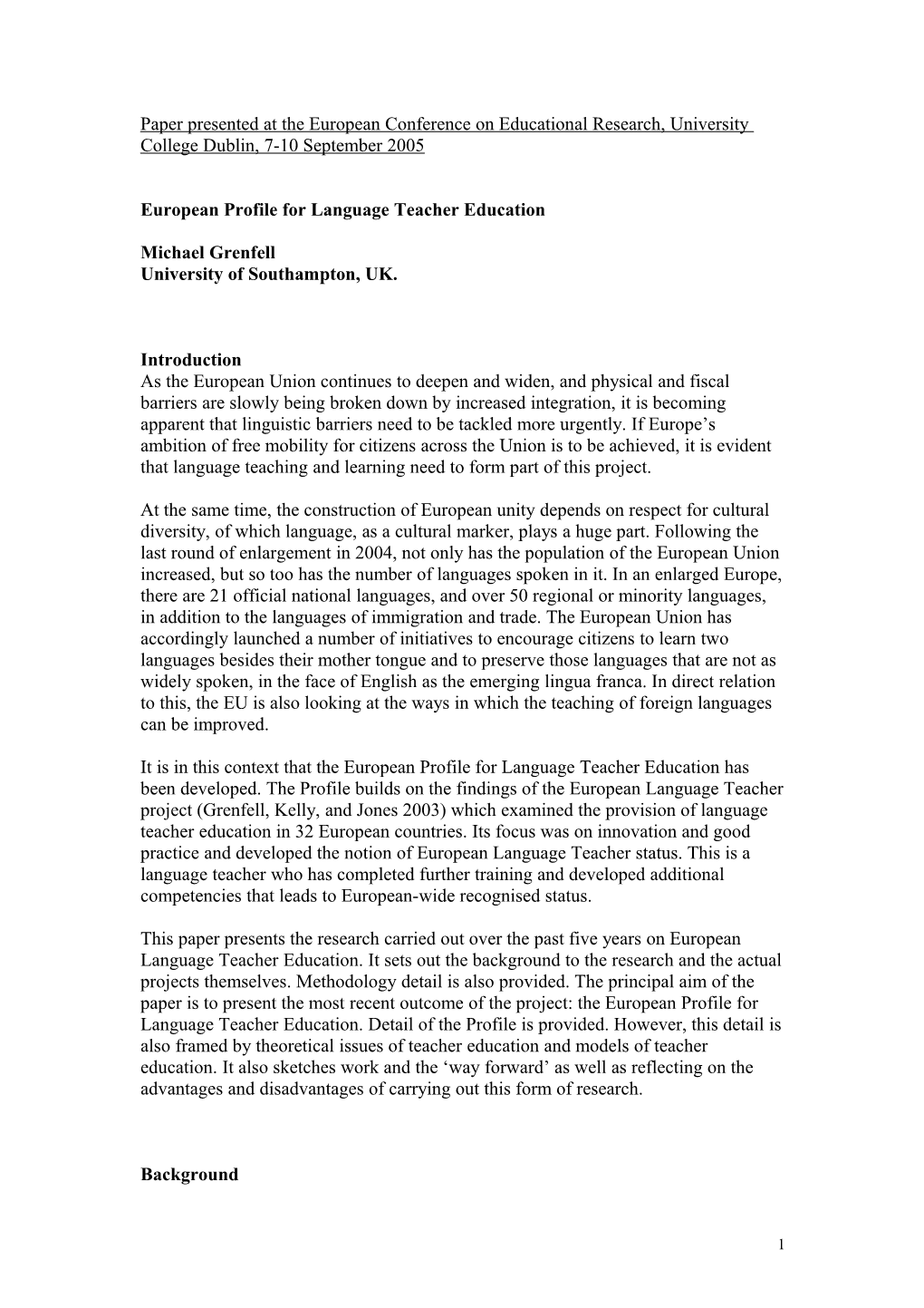 The Training of Foreign Language Teachers: Developments in Europe