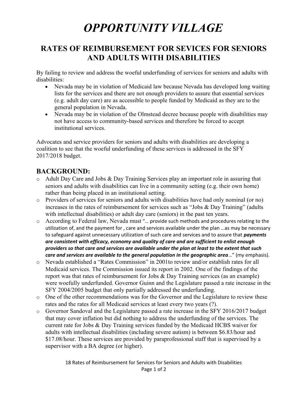 Rates of Reimbursement for Sevices for Seniors and Adults with Disabilities