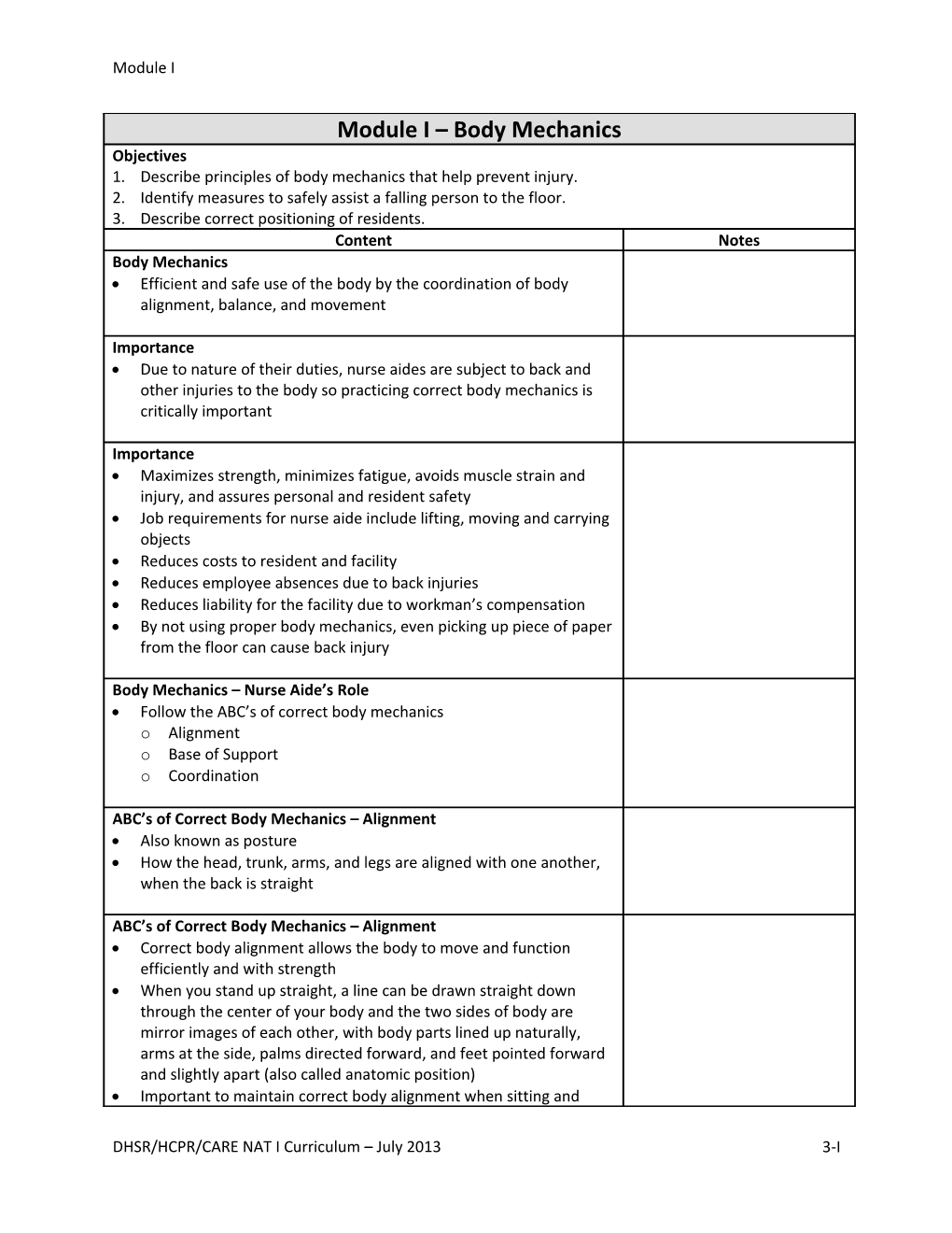 DHSR/HCPR/CARE NAT I Curriculum July 2013