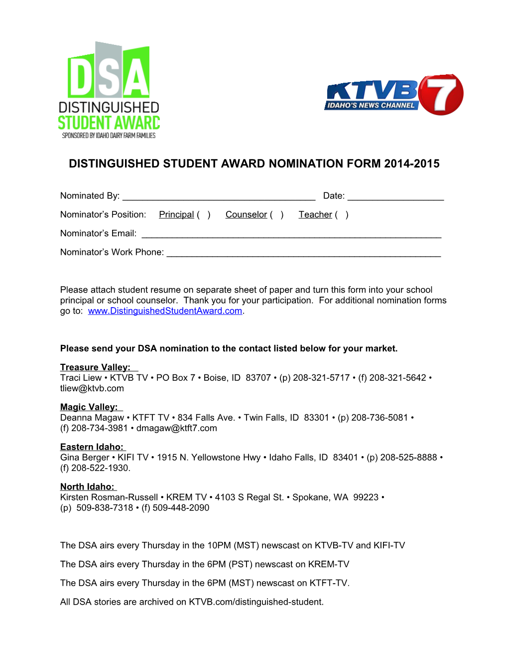 Distinguished Student Award Nomination Form 2014-2015
