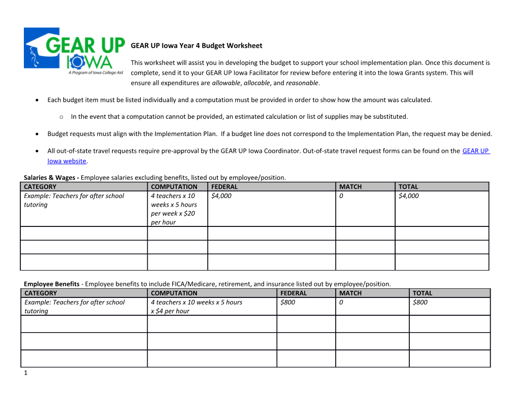 GEAR up Iowa Year 4 Budget Worksheet