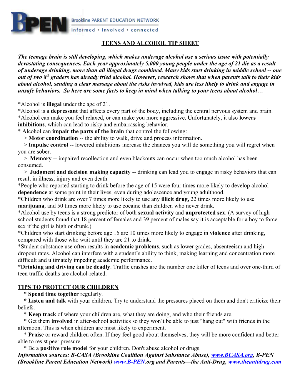 Teens and Alcohol Tip Sheet