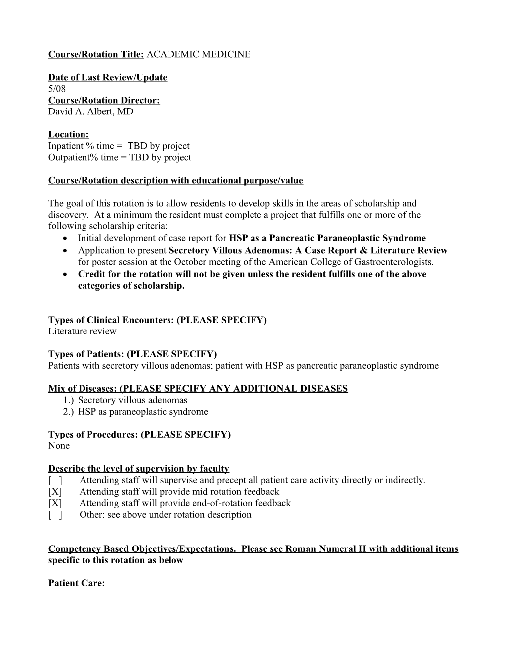 Course/Rotation Title: ACADEMIC MEDICINE