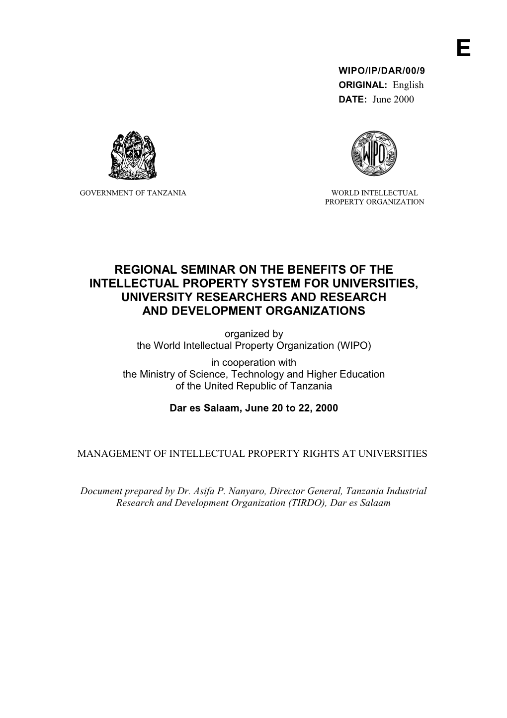 WIPO/IP/DAR/00/9: Management of Intellectual Property Rights at Universities