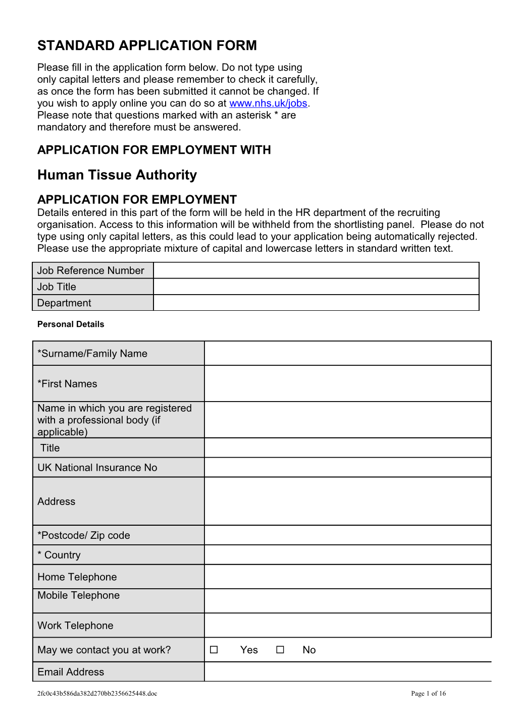 Application for Employment With