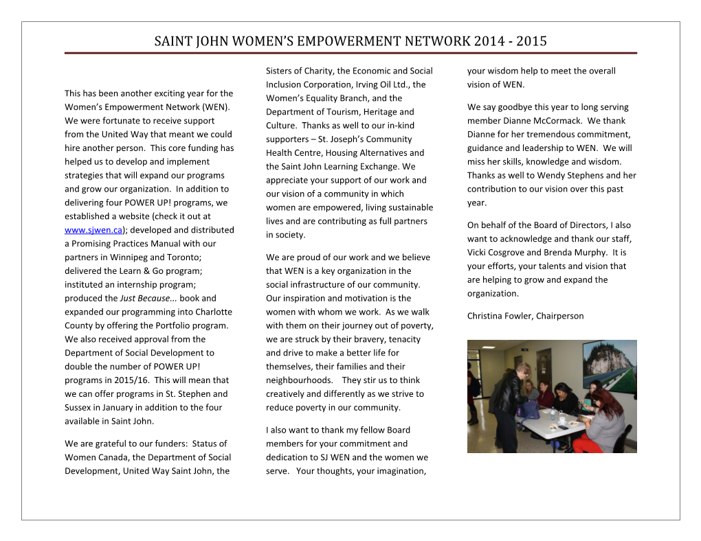 Saint John Women S Empowerment Network 2014 - 2015