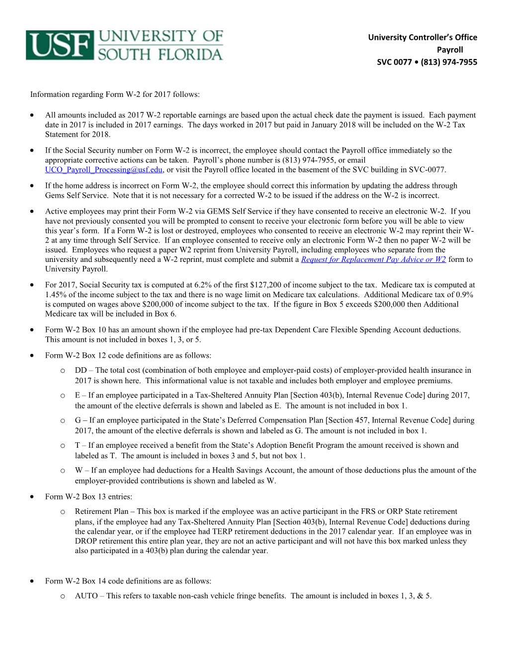 Information Regarding Form W-2 for 2017 Follows