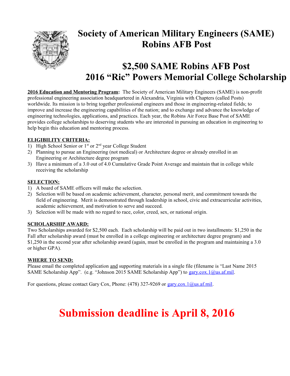 $2,500 SAME Robins AFB Post 2016 Ric Powers Memorial College Scholarship