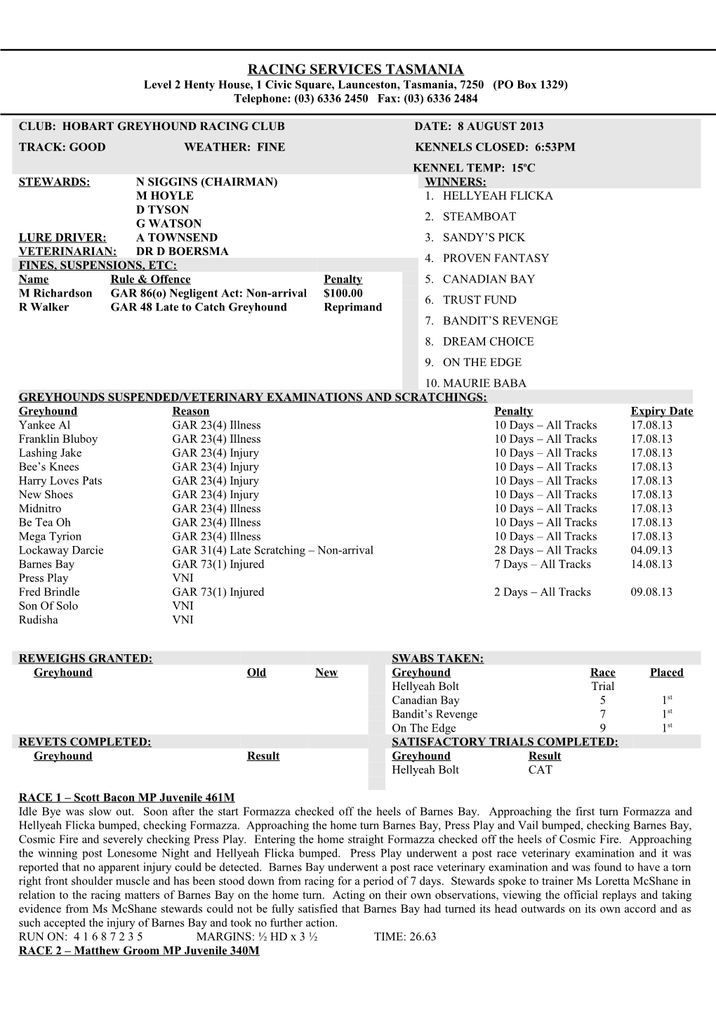 2013-08-08 - Hobart Greyhound Racing Club