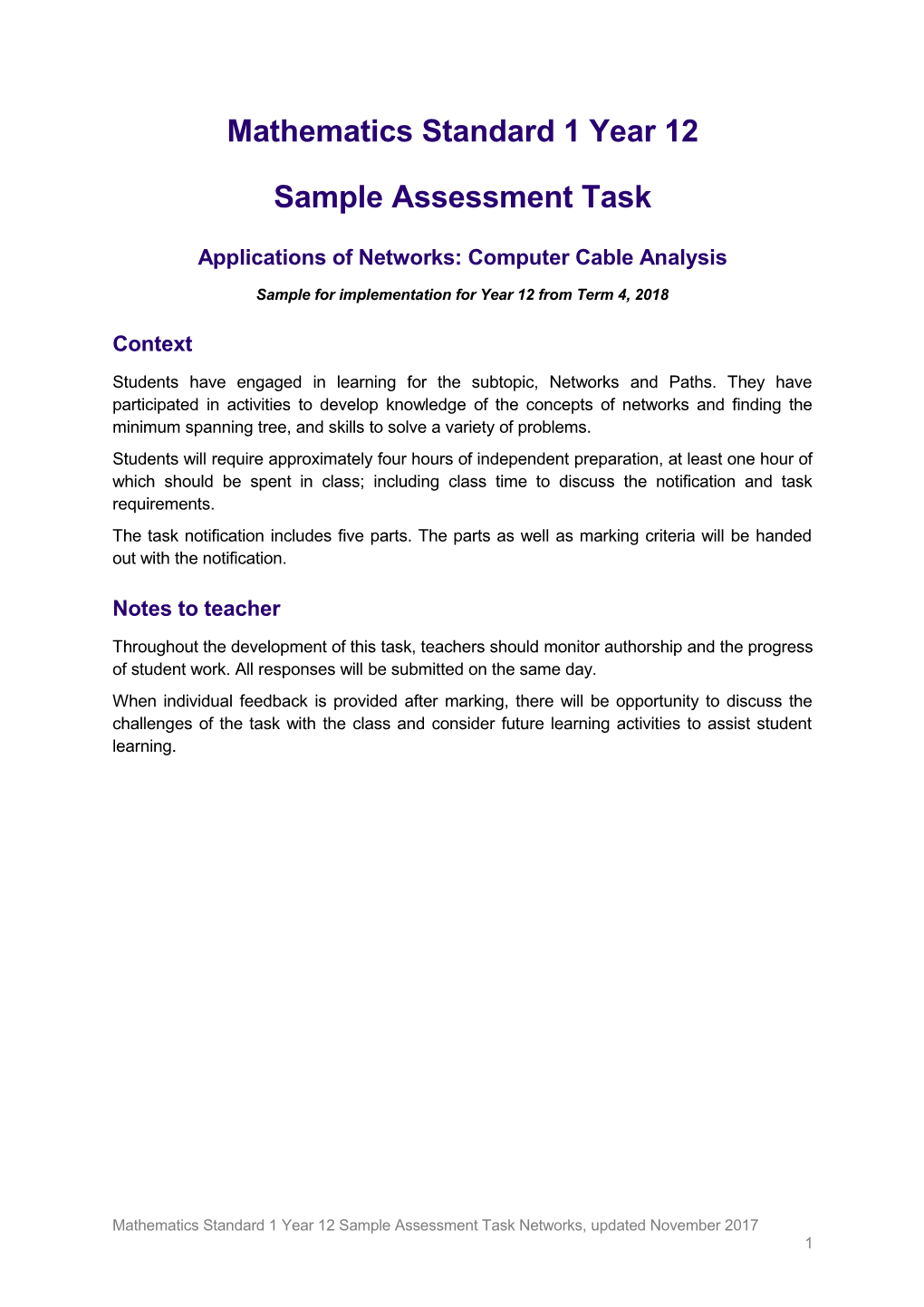 Mathematics Standard 1 Year 12 Sample Assessment Task Networks