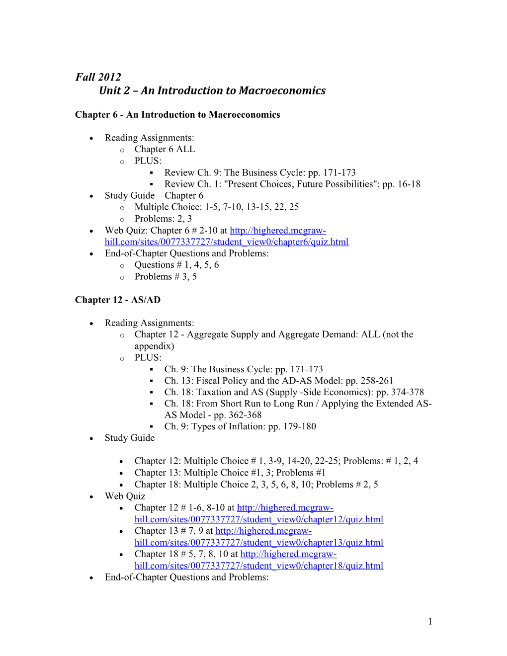 Fall 2012Unit 2 an Introduction to Macroeconomics