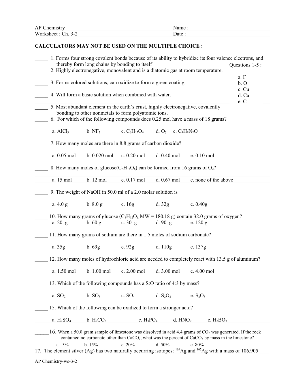 Calculators May Not Be Used on the Multiple Choice