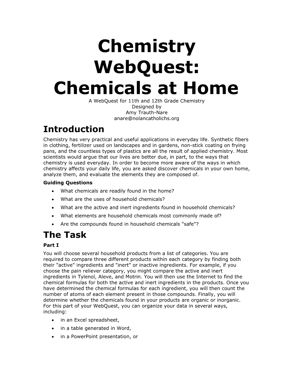 Chemistry Webquest: Chemicals at Home