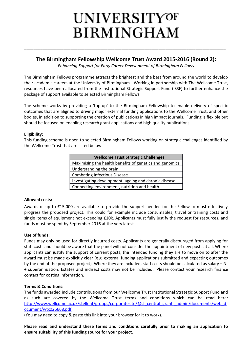 The Birmingham Fellowship Wellcome Trust Award 2015-2016 (Round 2)