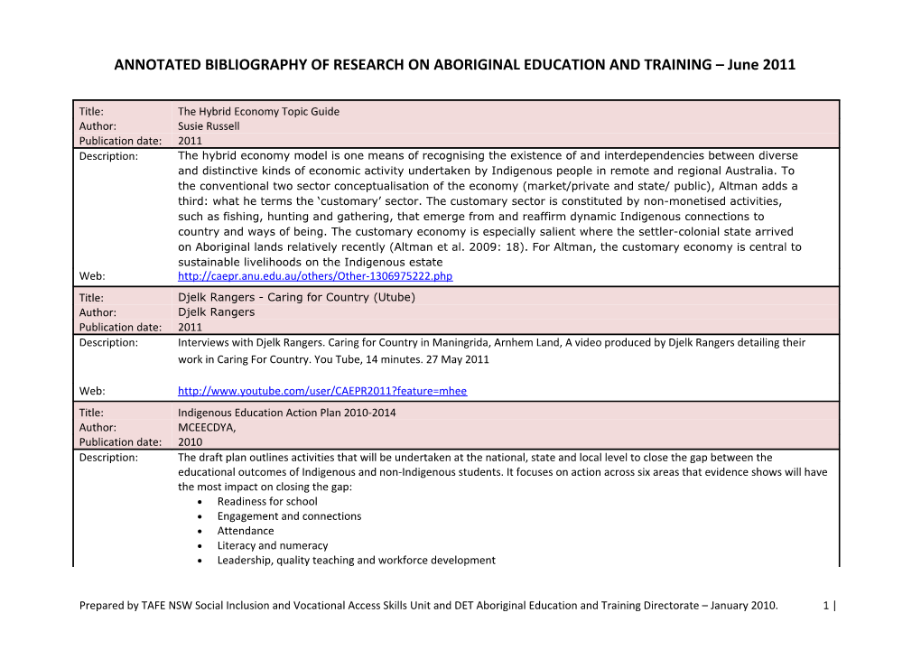 ANNOTATED BIBLIOGRAPHY of RESEARCH on ABORIGINAL EDUCATION and TRAINING June 2011