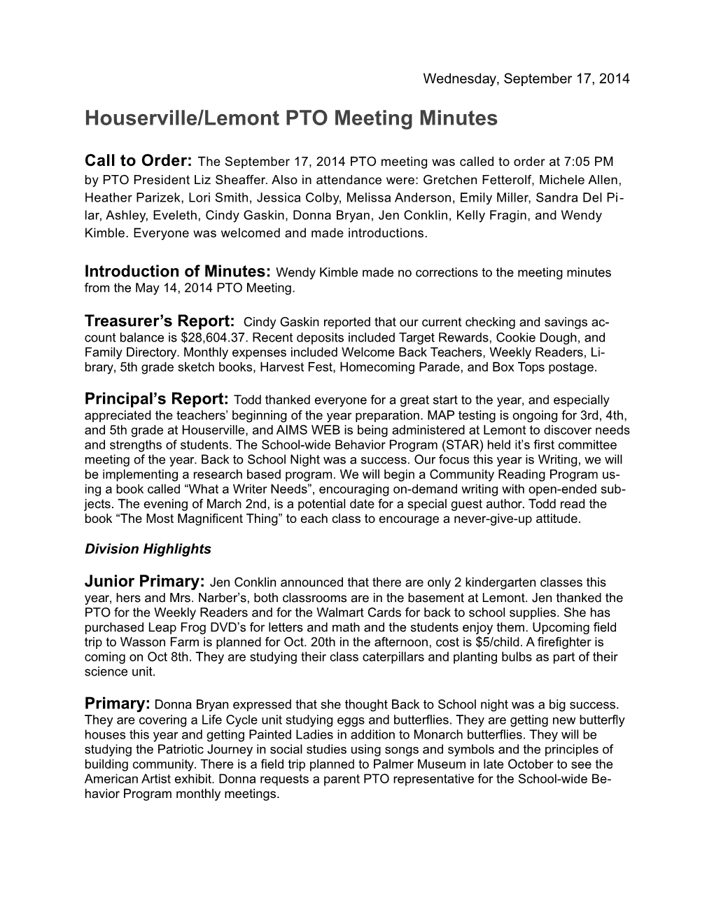 Houserville/Lemont PTO Meeting Minutes