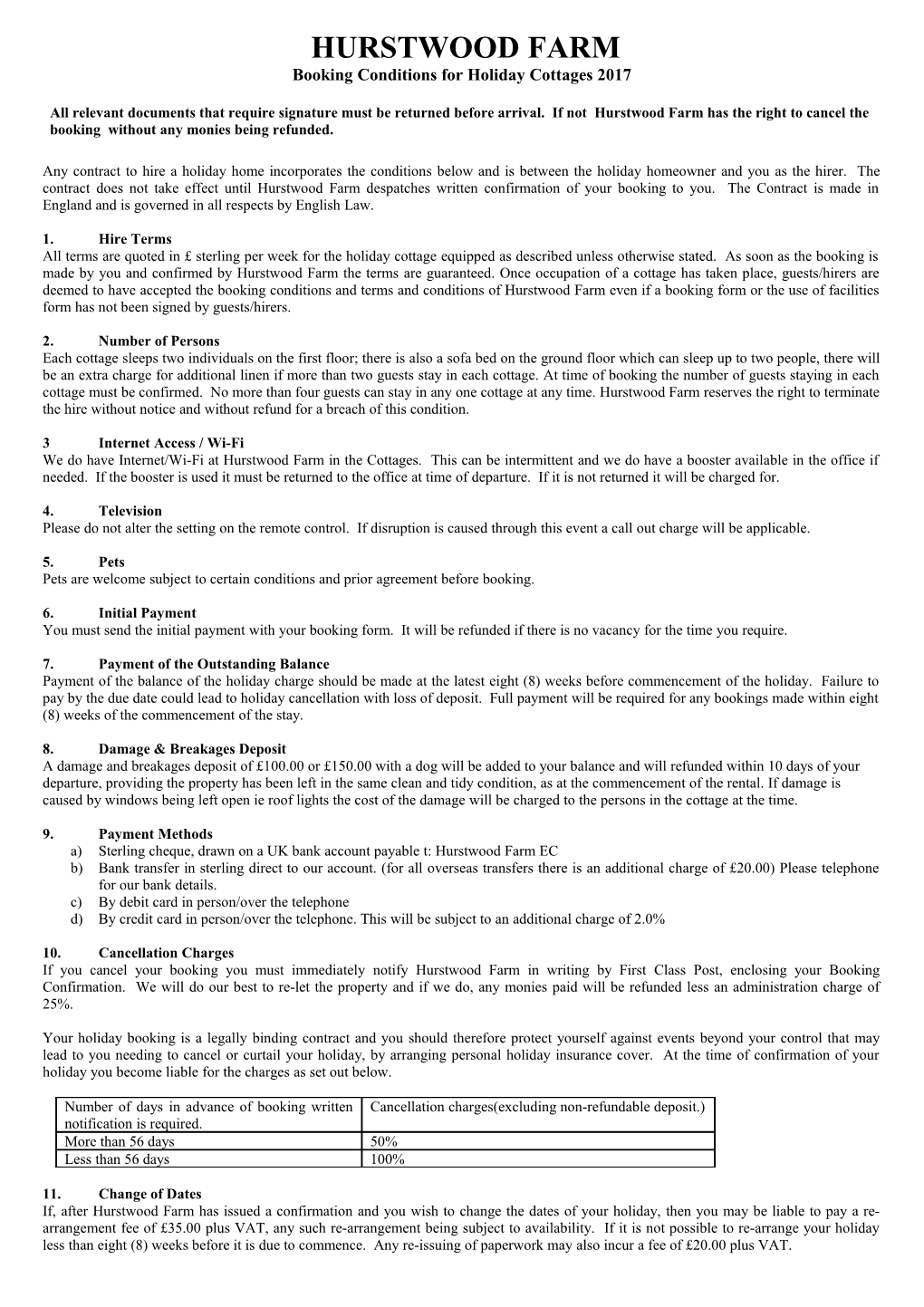 Booking Conditions for Holiday Cottages 2017