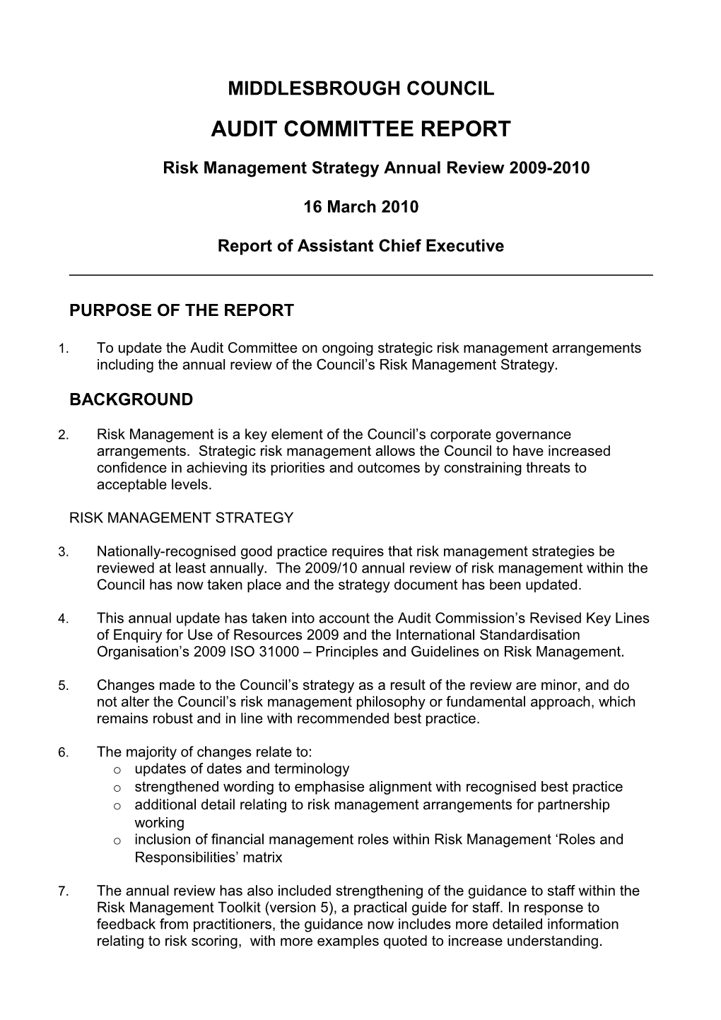 Risk Management Strategy Annual Review 2009-2010