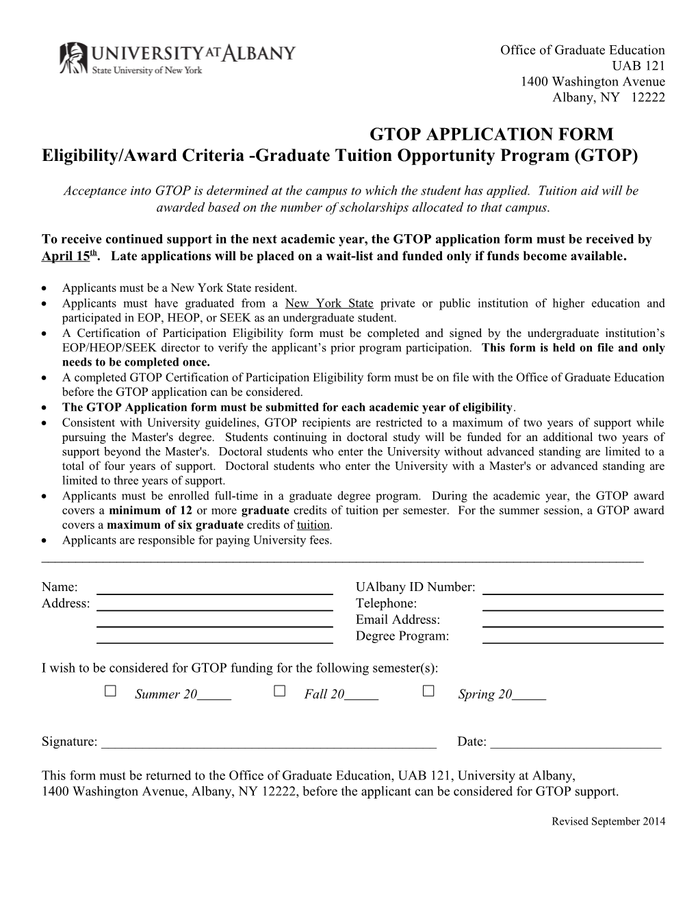 Eligibility/Award Criteria -Graduate Tuition Opportunity Program (GTOP)