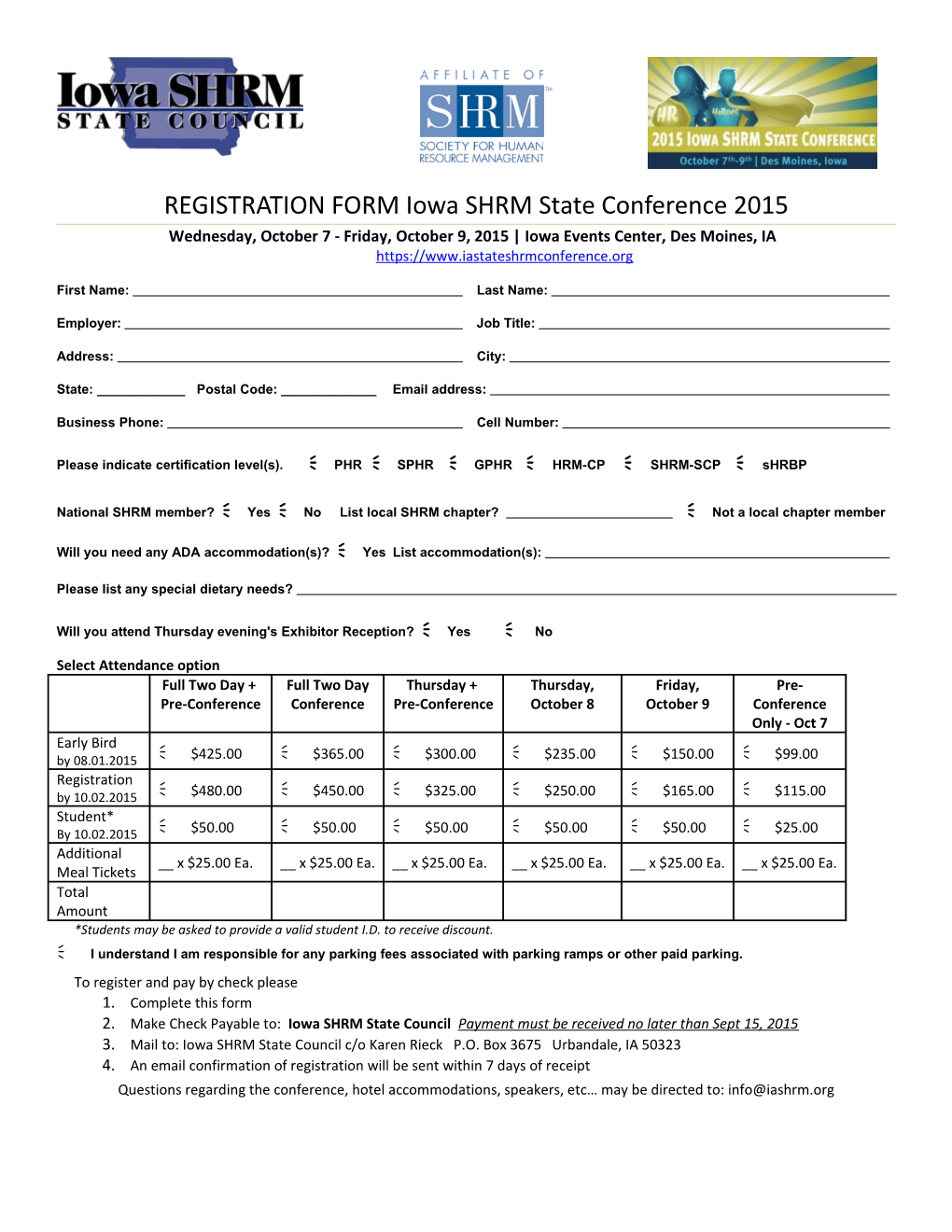 REGISTRATION FORM Iowa SHRM State Conference 2015