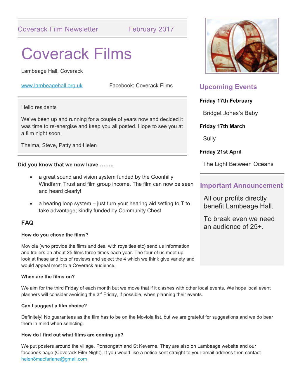 Coverack Film Newsletter February 2017