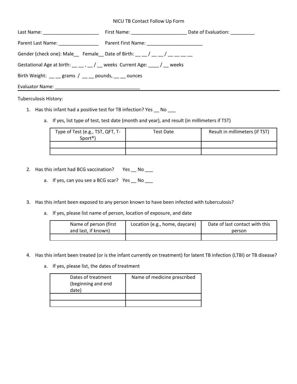 NICU TB Contact Follow up Form