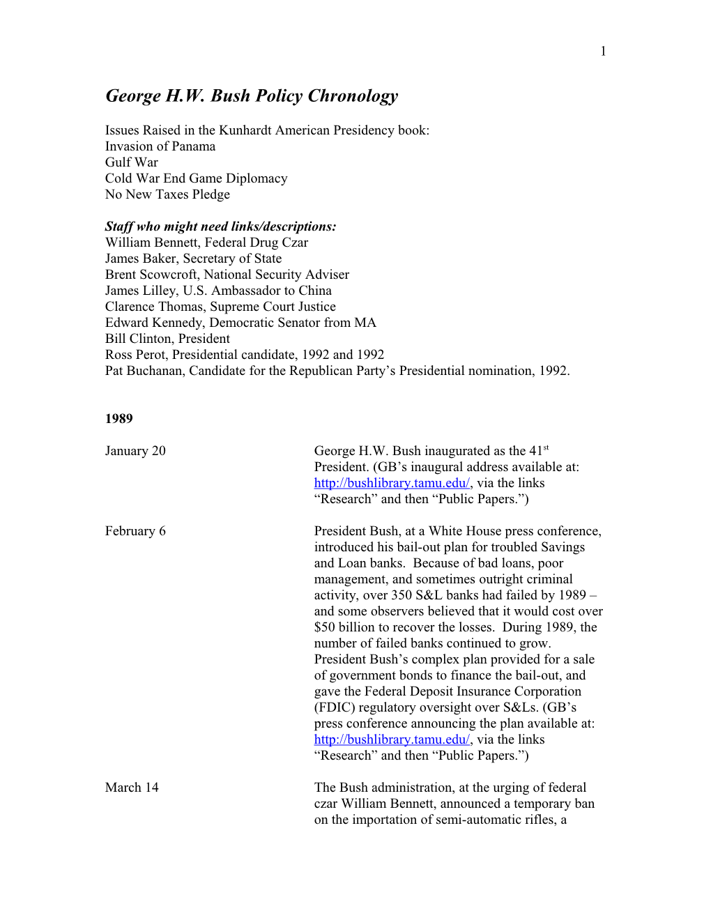 George H.W. Bush Policy Chronology s1