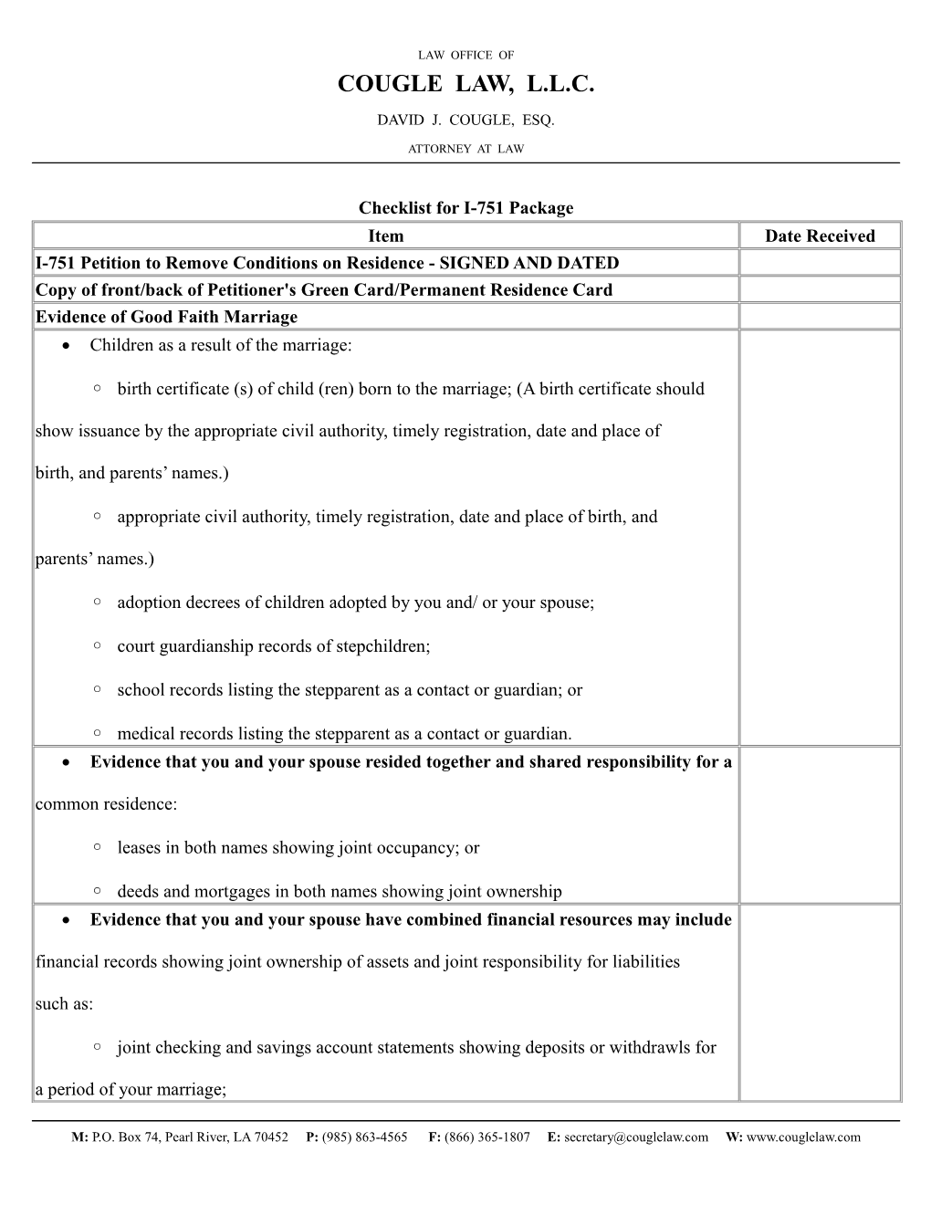 Checklist for I-751 Package