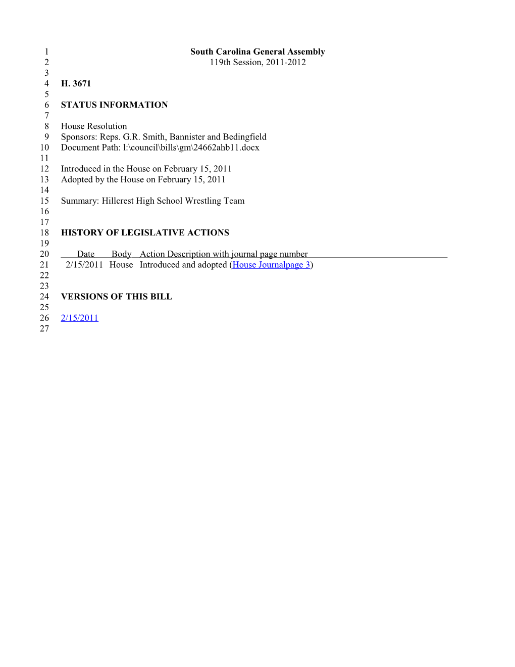 2011-2012 Bill 3671: Hillcrest High School Wrestling Team - South Carolina Legislature Online