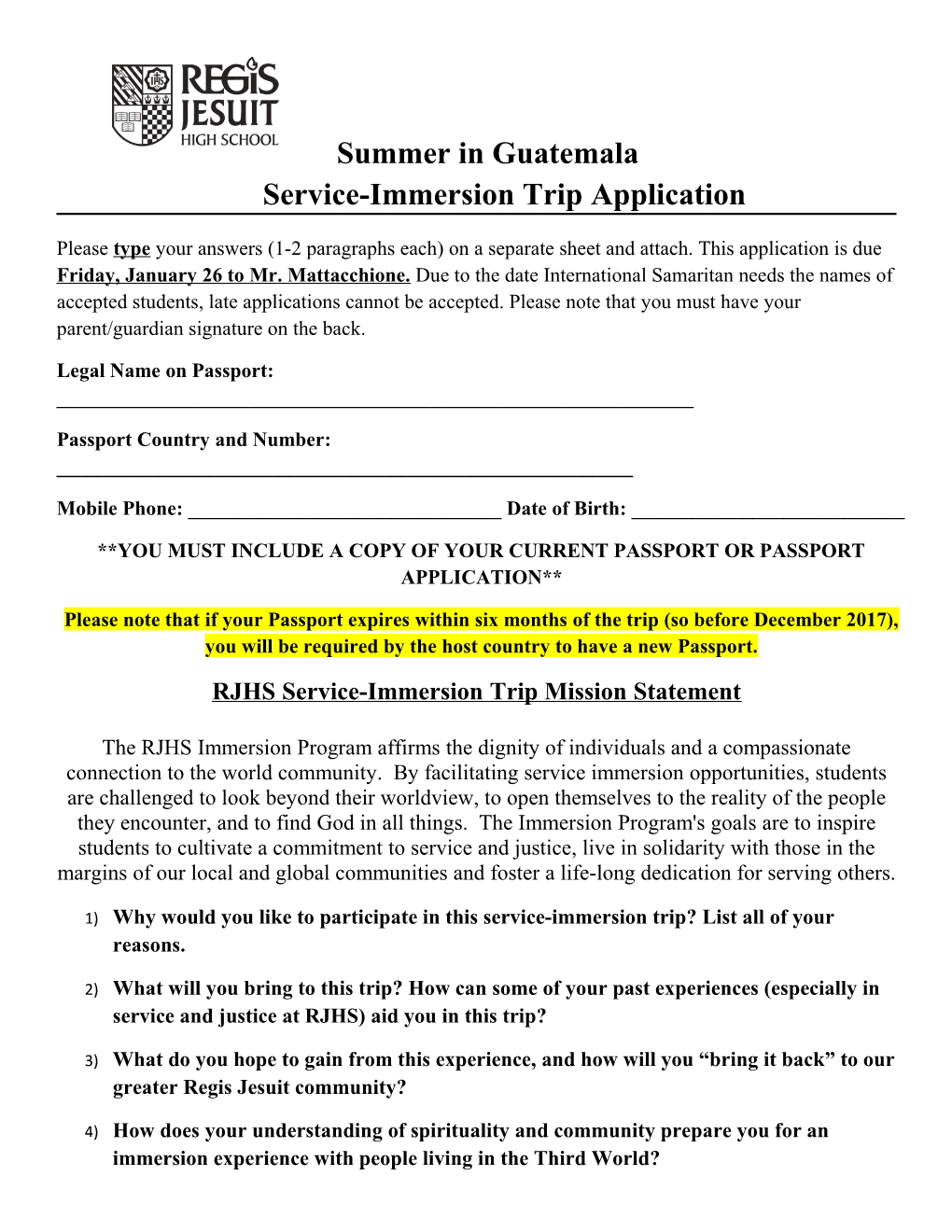 Summer in Guatemalaservice-Immersion Trip Application