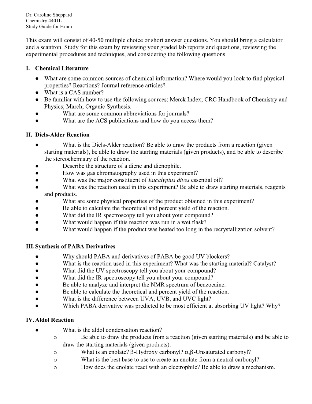 Study Guide for Lab Final 25 Multiple Choice Questions; 4 Points Each