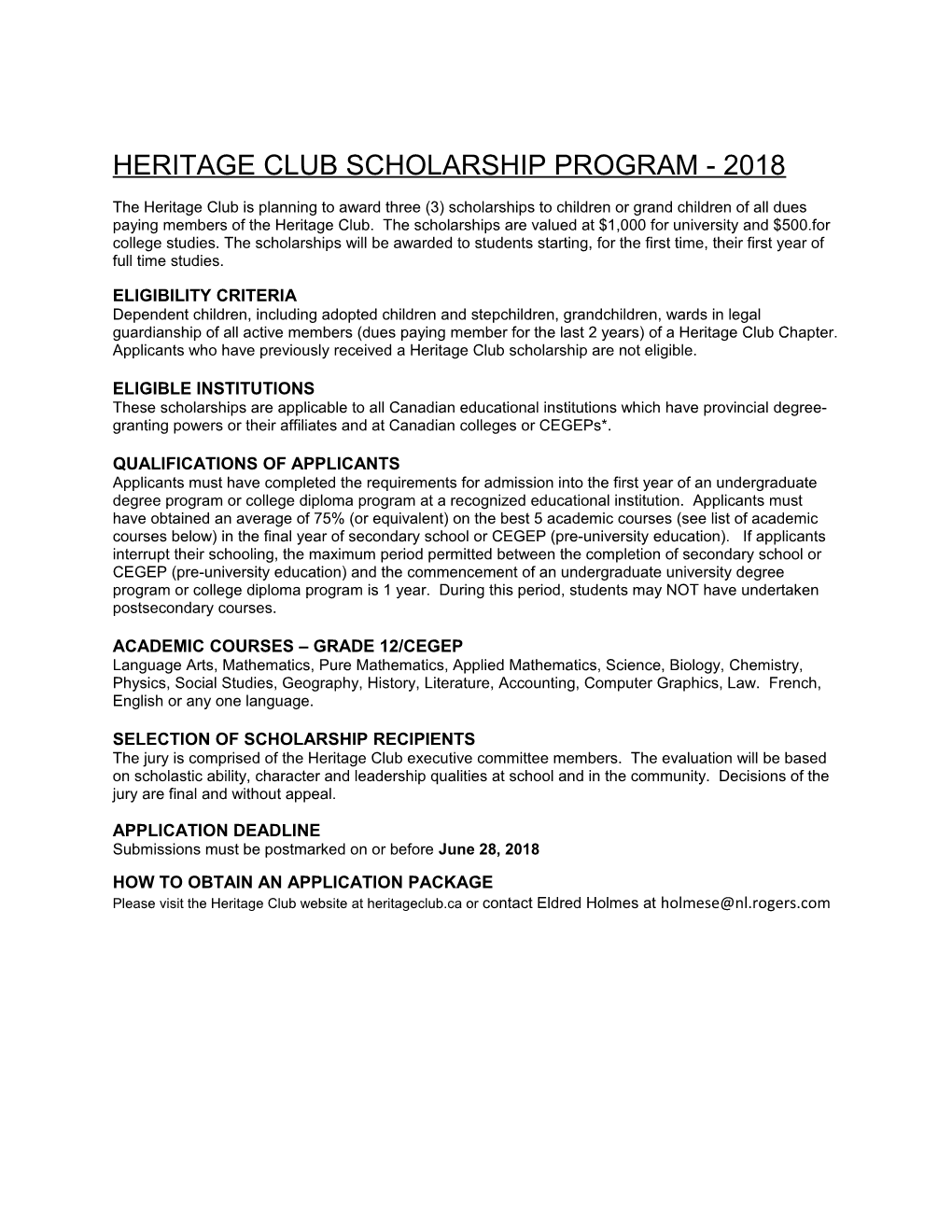 Heritage Club Scholarship Program - 2018