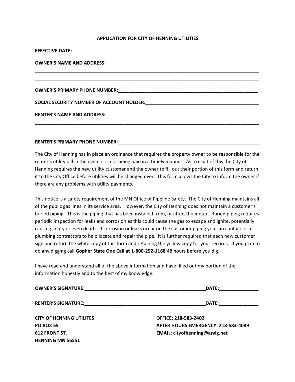 Application for City of Henning Utilities