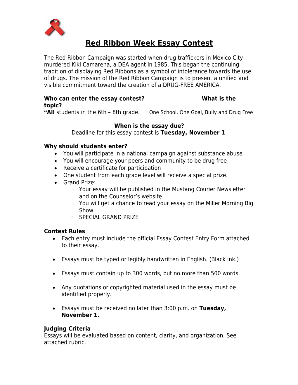 Red Ribbon Week Essay Contest