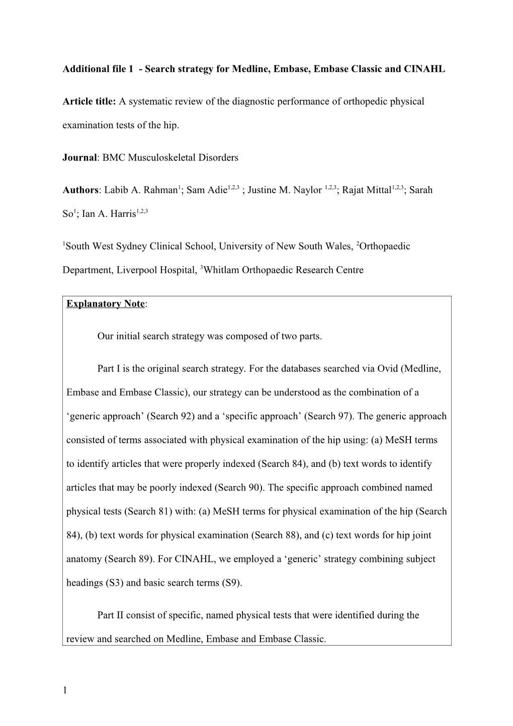 Additional File 1 - Search Strategy for Medline, Embase, Embase Classic and CINAHL