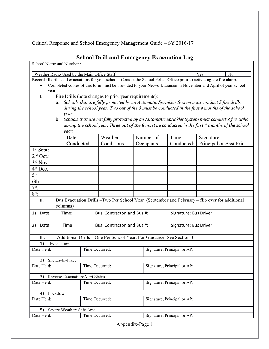School Drill and Emergency Evacuation Log