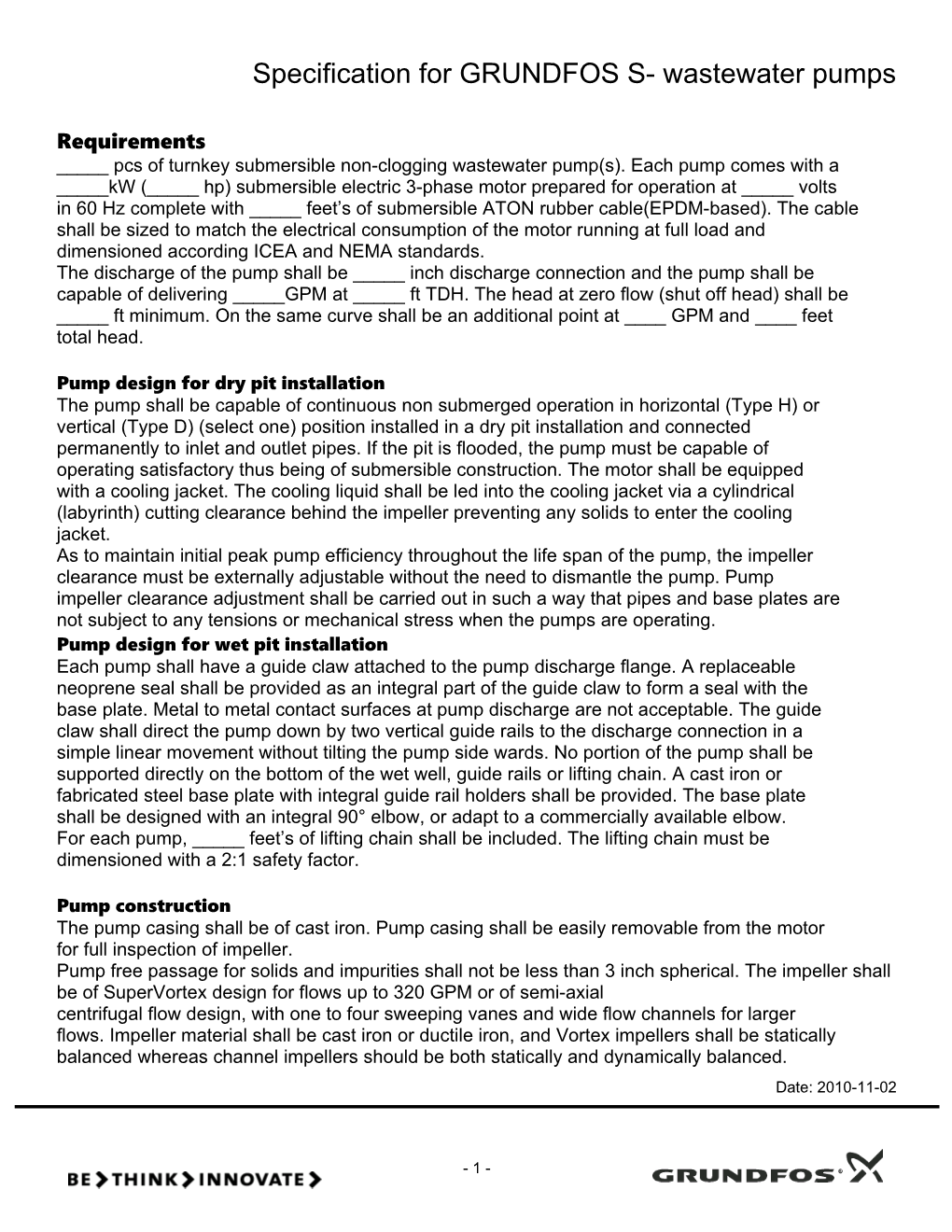 Specification for GRUNDFOS S- Wastewater Pumps