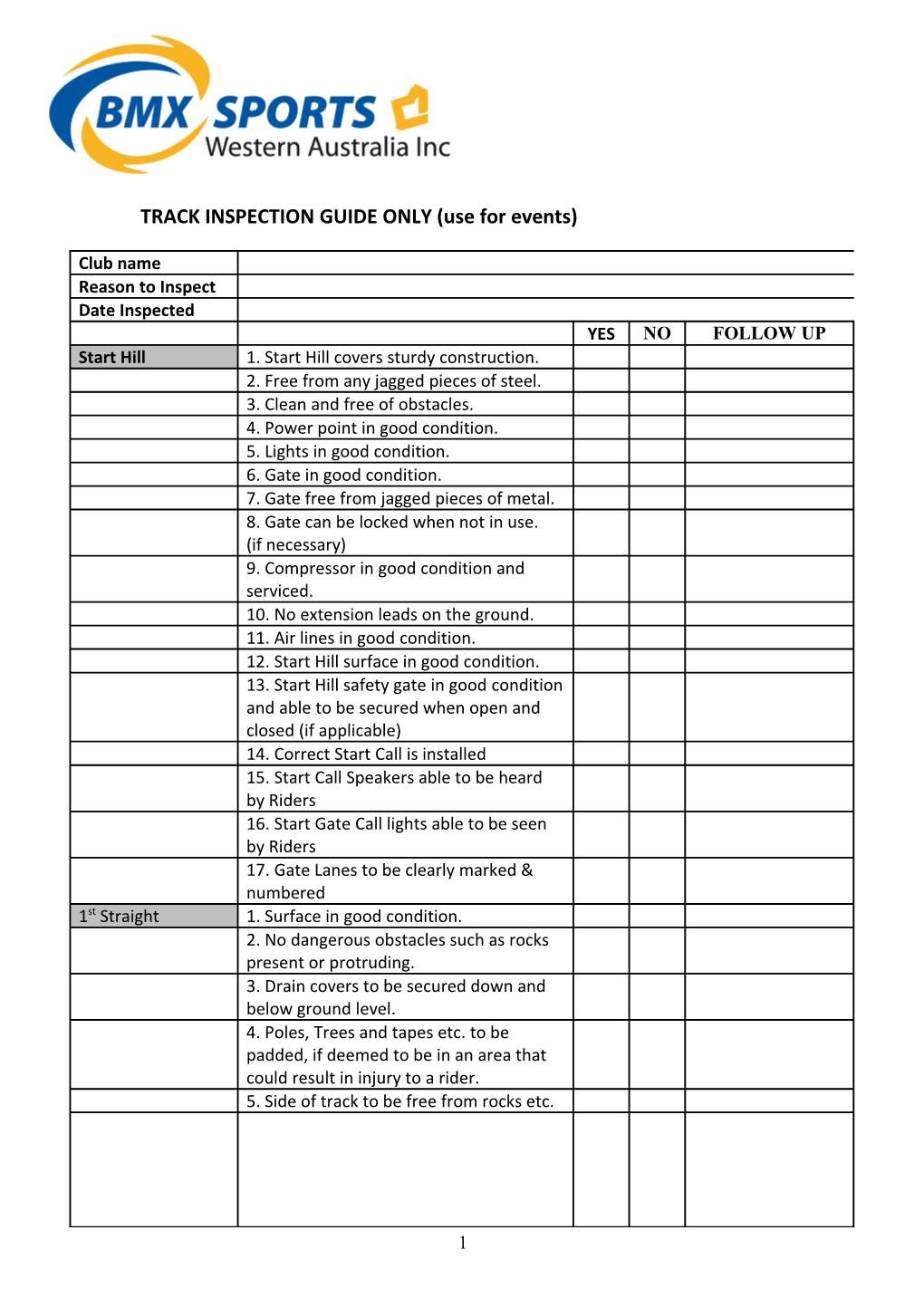 TRACK INSPECTION GUIDE ONLY (Use for Events)