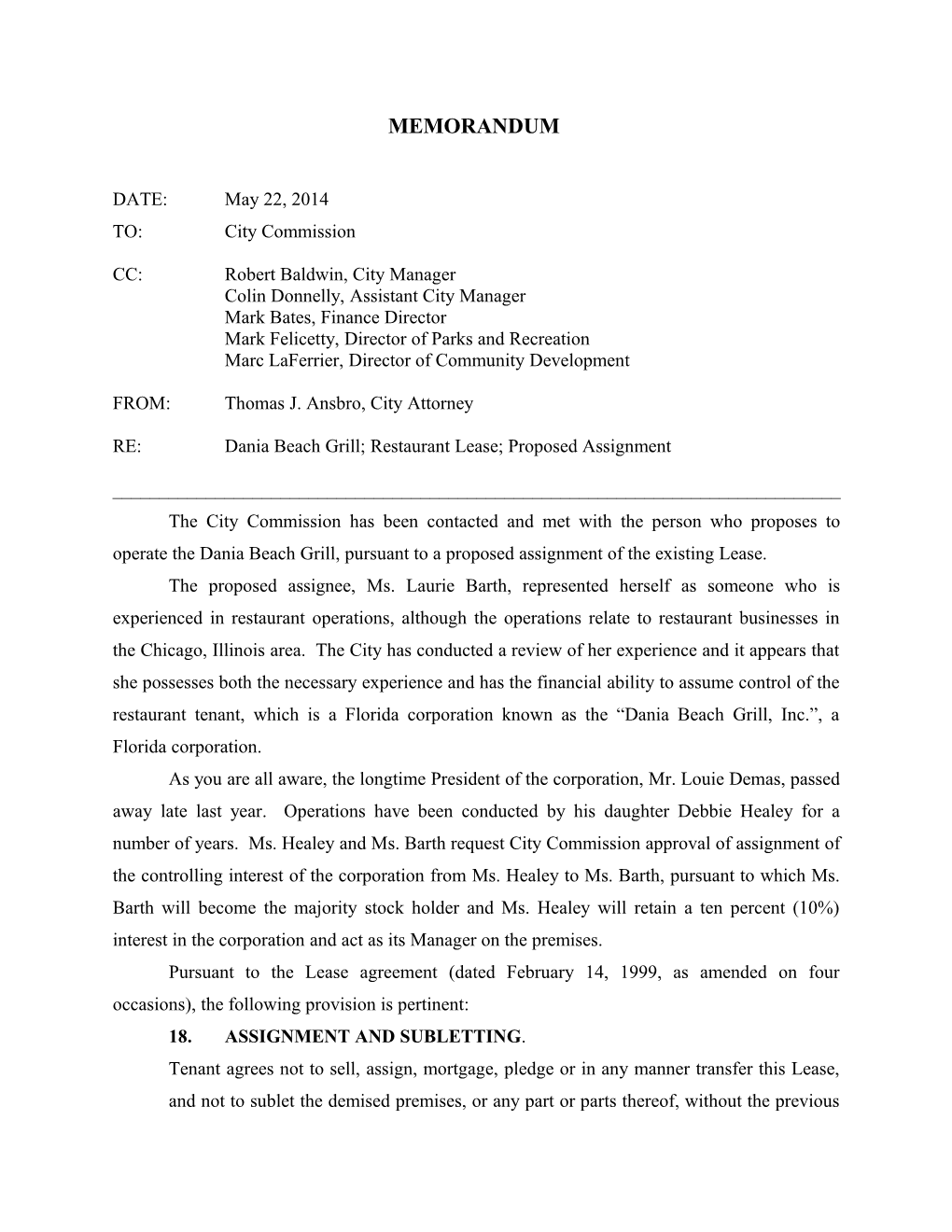 Memorandum to Board of Directors Pelican Cove Property Owners Association