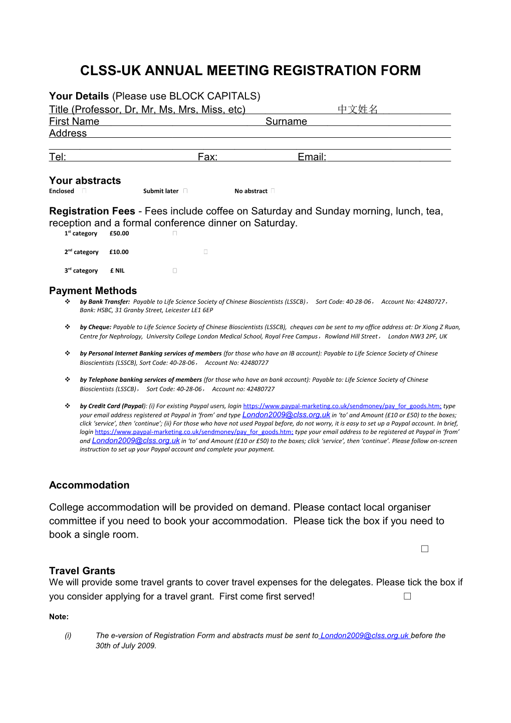 Clss-Uk Annual Meeting Registration Form