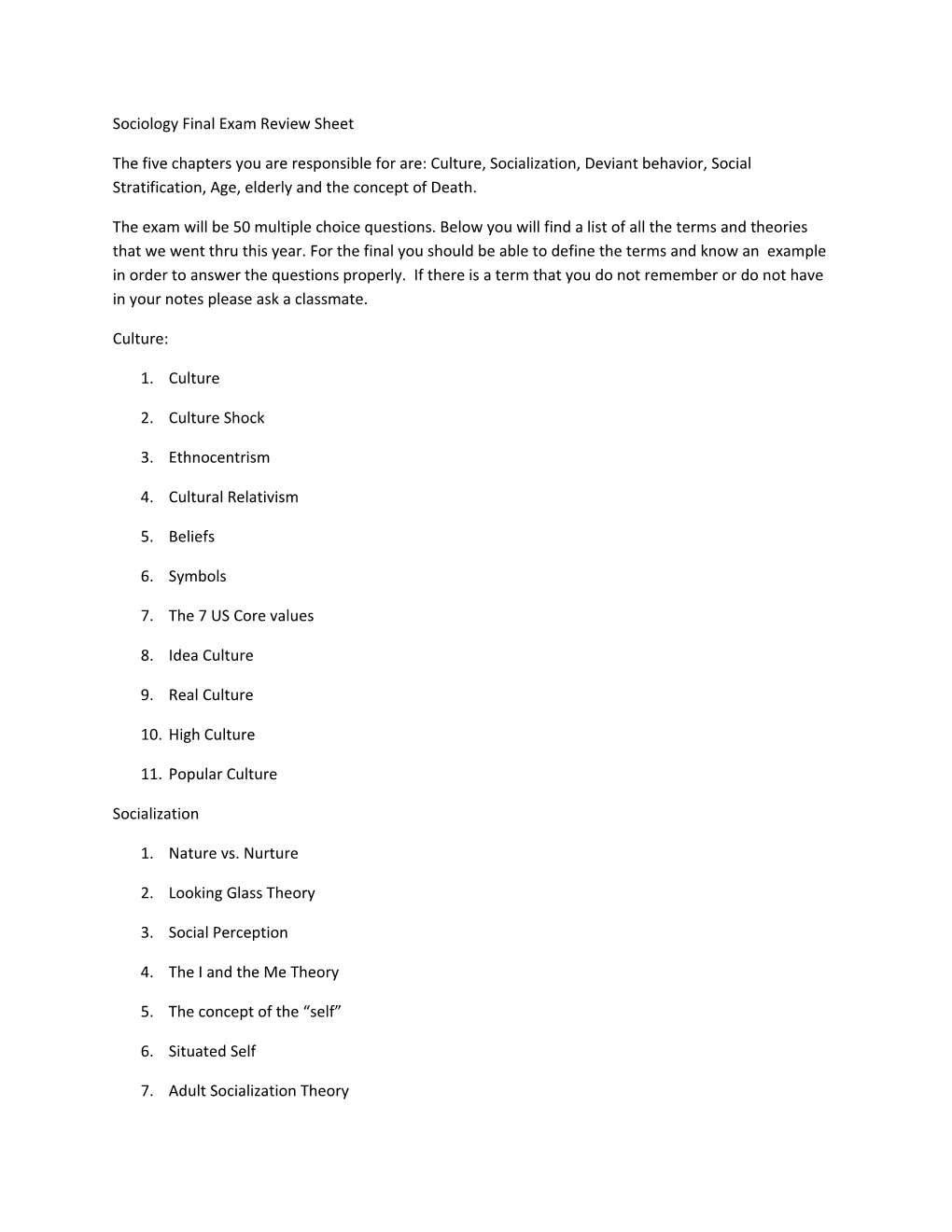 Sociology Final Exam Review Sheet