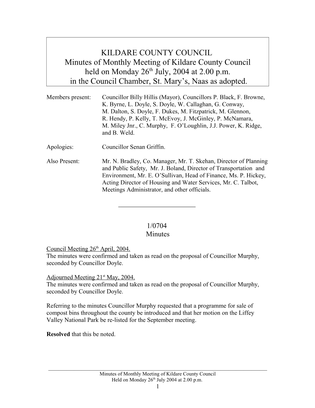 Minutes - Kildare County Council - 27/09/04