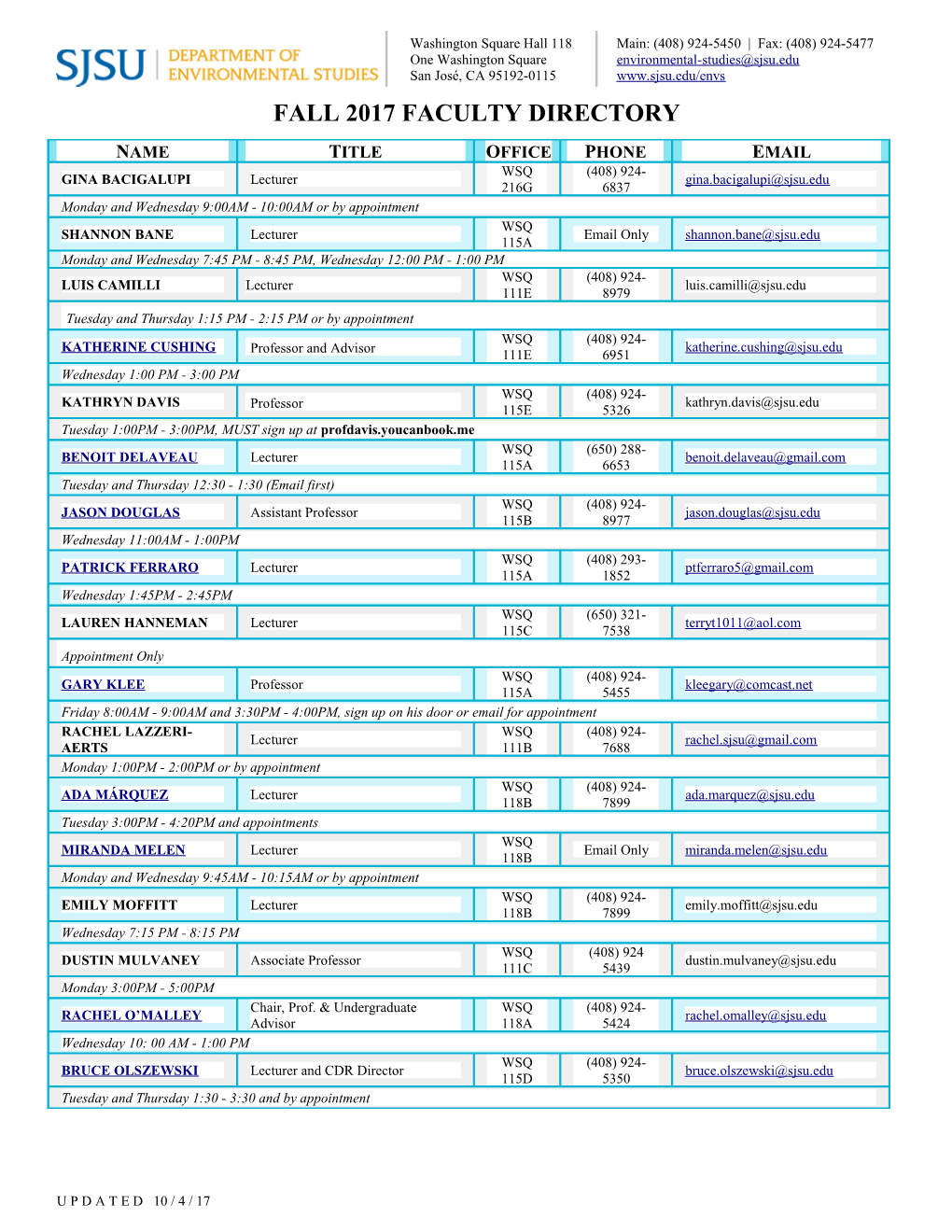 Fall 2017 Faculty Directory