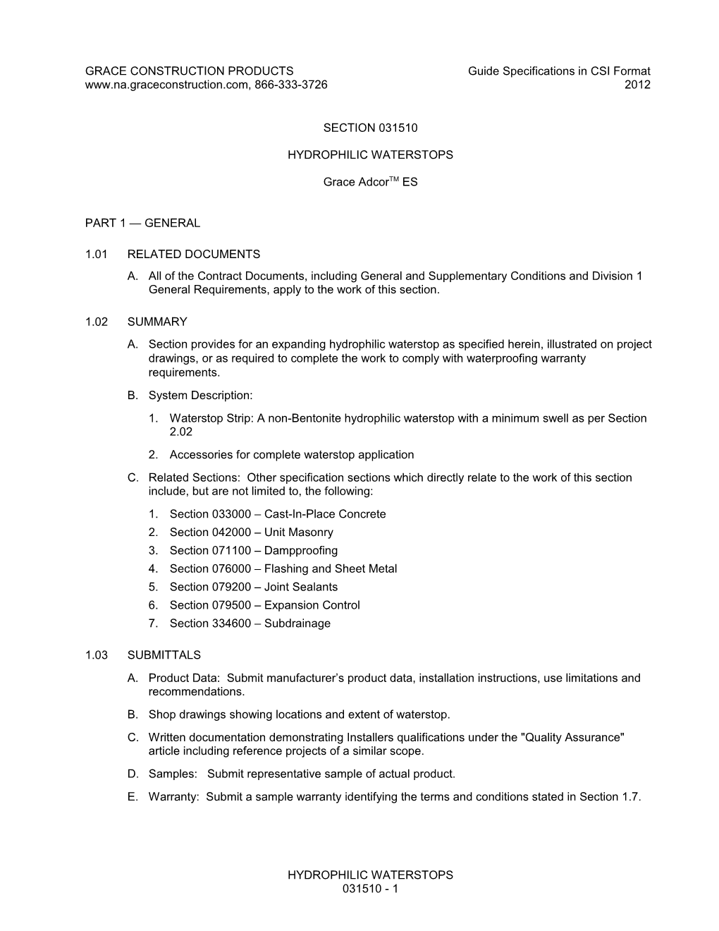 GRACE CONSTRUCTION Productsguide Specifications in CSI Format