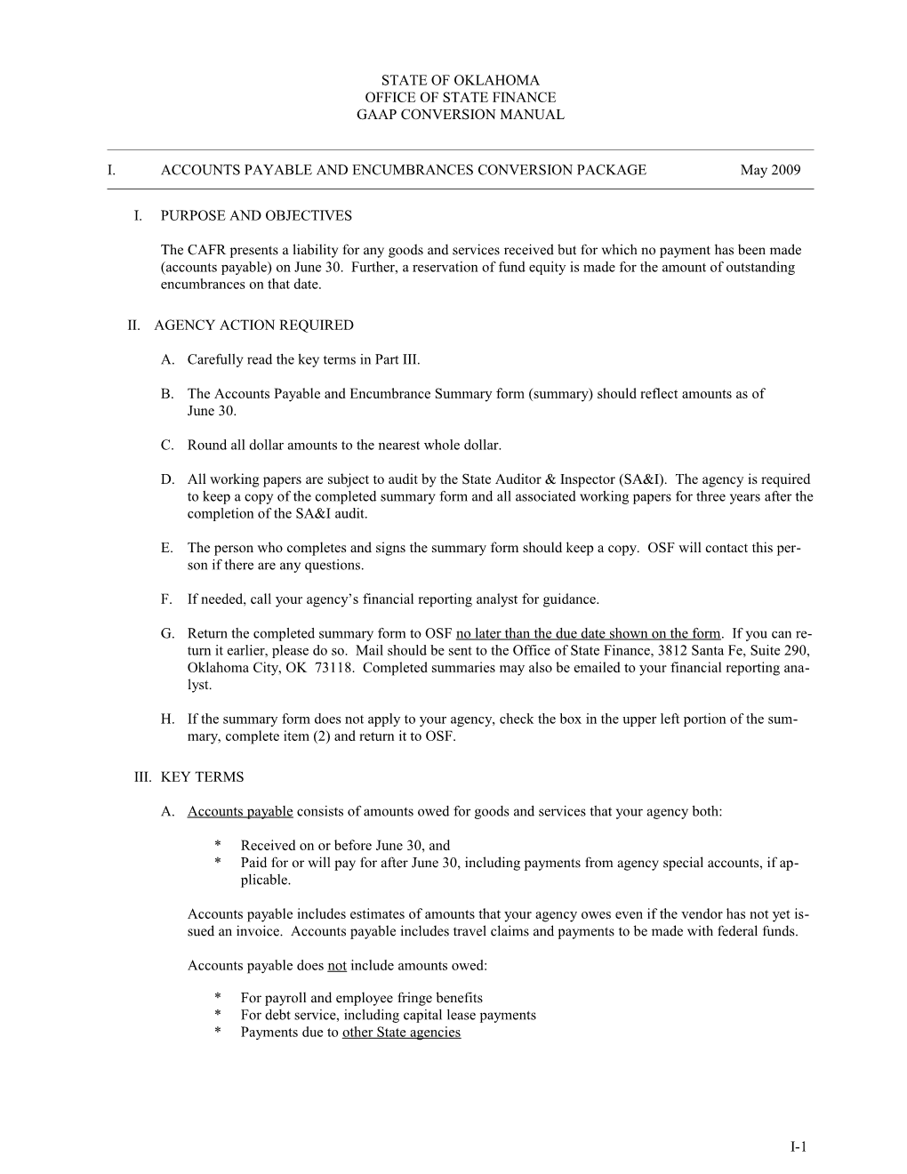 OSF Form I-1: Accounts Payable and Encumbrances Conversion Package