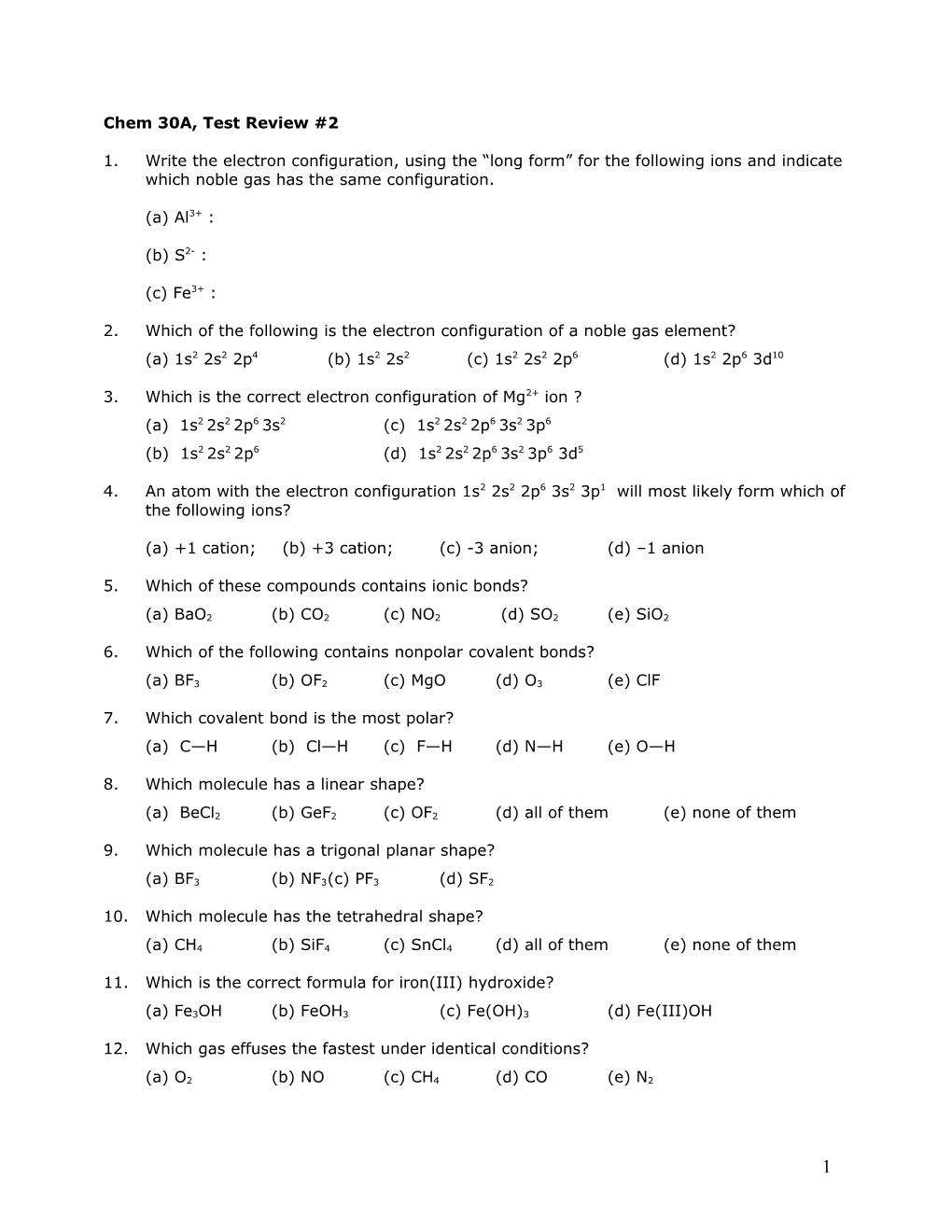 Chem 30A, Test Review #2