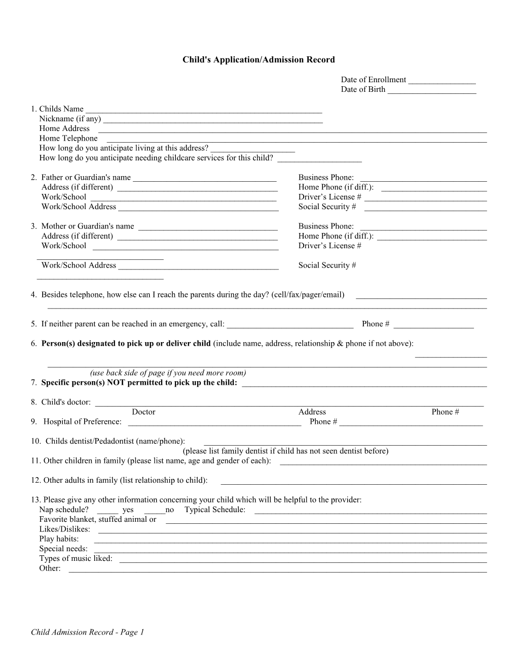 Child's Application/Admission Record